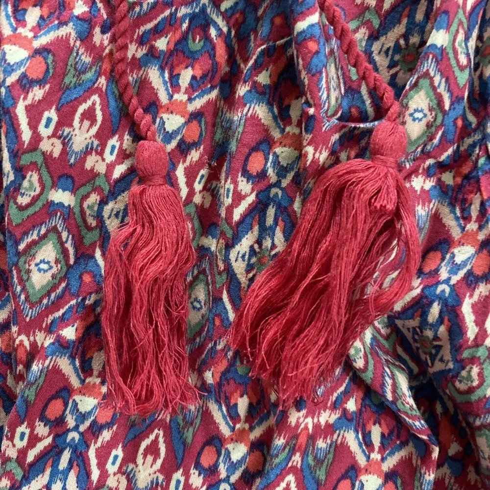 Hollister Womens Midi Skirt S Pink Blue Boho Festival Handkerchief Skirt Tassels - Picture 7 of 10